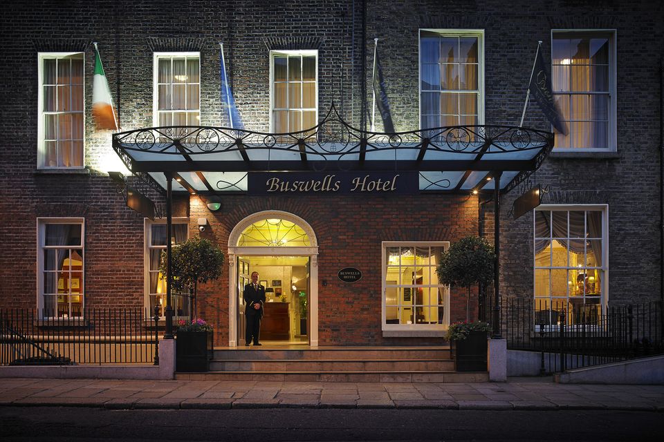 The well-known entrance to Buswells Hotel